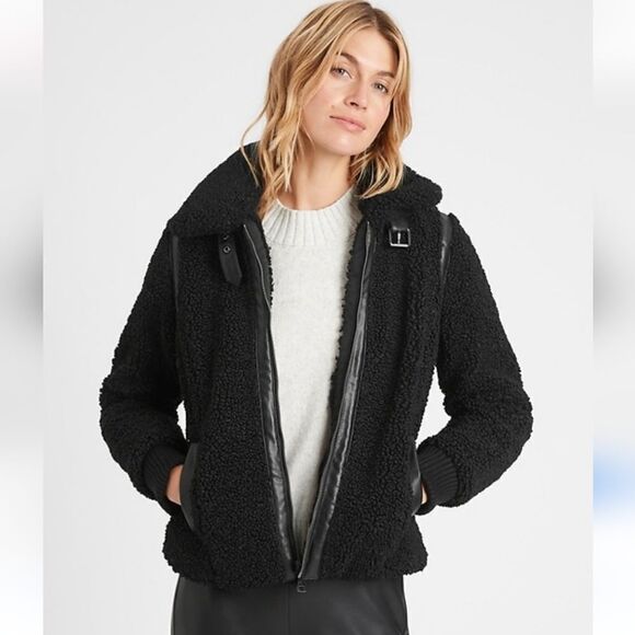 Banana Republic Sherpa Bomber Fleece Moto Aviator Jacket size L - Picture 1 of 11